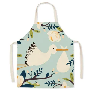 Stork pattern linen kitchen apron, cute bird floral print sleeveless cooking bib for home.