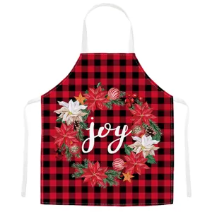 Christmas red black buffalo plaid kitchen apron with joy wreath print cooking baking tablier