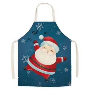 Christmas kitchen apron with cute Santa Claus print, blue linen-style adult cooking bib.