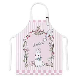 Pink striped cooking apron featuring a cute rabbit and Lolita style illustration for kitchen.