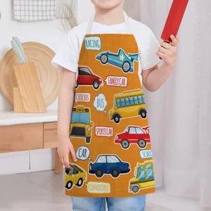 Cute cartoon car print kids apron for cooking and baking, durable and anti-stain design.