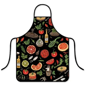 Schwarze Küchenschürze mit Vintage-Lebensmittel-Illustration, wasserdicht und ölabweisend.