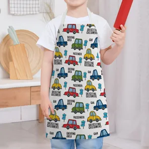 Kids cute cartoon car print kitchen cooking apron, sleeveless anti-stain children chef bib.