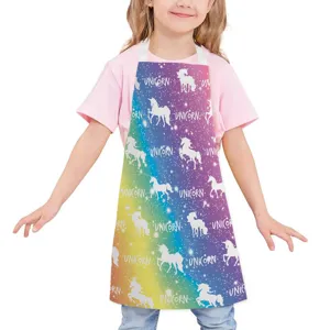 Colorful unicorn cartoon print kids kitchen cooking apron with adjustable bib and waist ties.