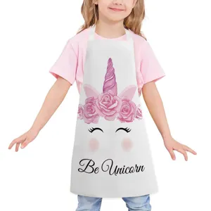 Kids cute unicorn pattern kitchen apron for cooking baking painting, waterproof cotton linen style.