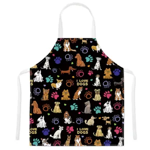 Cute cartoon dog print apron with black background, perfect for kitchen cooking and baking tasks.