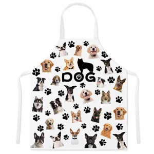 Cute dog print kitchen apron detail, white anti-fouling fabric for cooking and baking tasks.