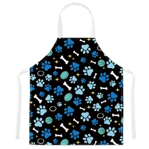 Detailed view of the cute pet themed apron featuring blue paw prints and bone patterns.