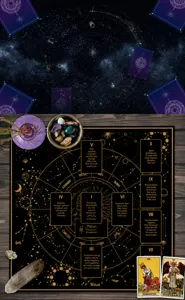 Zwarte en gouden tarot tafelkleed met hemels astrologisch ontwerp voor rituelen en magie.