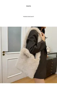 Detail shot of fluffy beige faux fur shoulder bag, soft fuzzy texture for casual daily look.