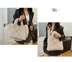 Cozy faux fur tote bag for women, fluffy single-shoulder handbag, casual autumn winter purse.