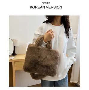 Korean style fuzzy plush handbag for women, casual brown fluffy shoulder tote bag.