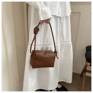 Brown woven shoulder bag for women, stylish knotted strap camera bag, chic daily handbag.