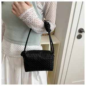 Black woven leather crossbody shoulder bag chic stylish camera bag daily casual handbag use