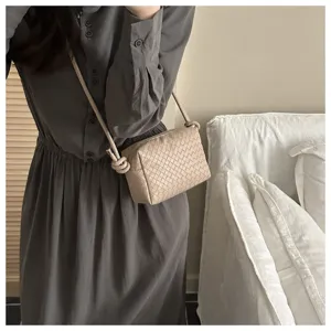 Beige woven leather camera bag crossbody bag stylish small shoulder bag for women