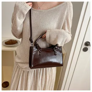 Retro dark brown patent leather handbag small square crossbody tote bag for women daily commute