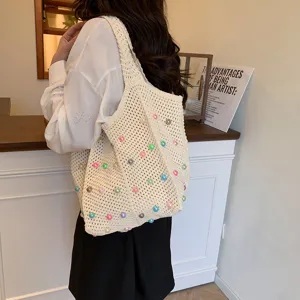 Beige crochet shoulder tote bag with colorful beads, casual style for daily commute.