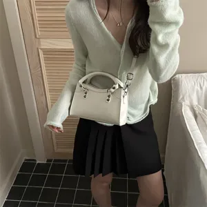 Classic solid color retro top handle shoulder bag for women summer casual commuter crossbody bag