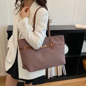 Vintage large capacity shoulder tote bag for women stylish commuting bag with chic lock design.