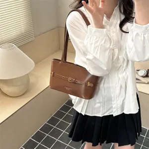 Brown leather shoulder bag underarm bag with stylish belt buckle decoration for women