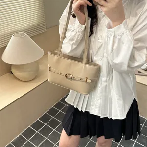 Korean style minimalist beige leather shoulder bag with chic belt buckle strap design for women