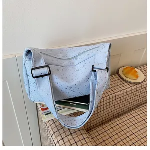 Lichtblauwe canvas schoudertas met sterrenprint, casual crossbody tas voor dagelijks gebruik.