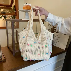 Beige knitted tote bag for women, handmade crochet shoulder bag with colorful beads casual.