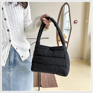 Black quilted nylon underarm shoulder bag, stylish casual lightweight daily purse.