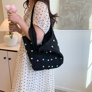 Woven shoulder tote bag for women, stylish beach vacation handbag with colorful pearls, large capacity.