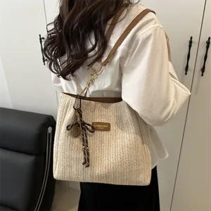 Women straw tote bag casual woven shoulder bag stylish beach handbag for ladies everyday.