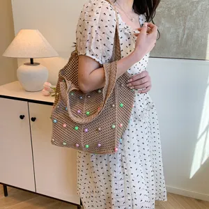 Crochet shoulder tote bag with colorful beads, stylish large capacity casual handbag for women.