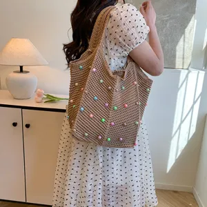 Women's woven shoulder tote bag with colorful beads, stylish lazy beach vacation underarm bag.