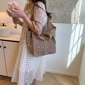 Women knit shoulder tote bag with colorful pearl decor, large capacity casual vacation purse.