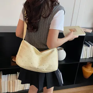 Trendy lichtgele schoudertas met zilveren sterrenprint, veelzijdige casual crossbodytas.