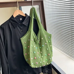Green knitted tote bag with colorful beads casual shoulder bag beach commuting large capacity