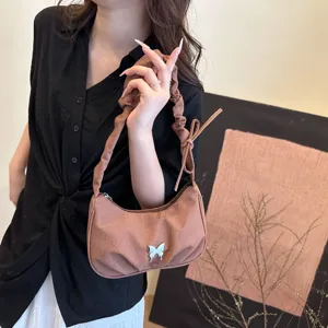 Women Fashion Pleated Underarm Bag Casual Solid Color Hobo Shoulder Bag With Metal Butterfly Decor Daily Handbag