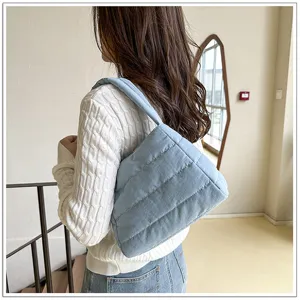 Casual nylon quilted shoulder bag for women, lightweight solid color underarm bag.