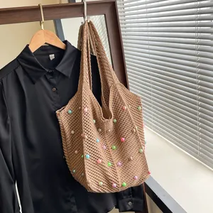 Knitted woven shoulder tote bag for women, casual beach resort large capacity handbag.