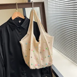 Beige crochet tote bag for women, handmade hollow out knit shoulder handbag with colorful beads