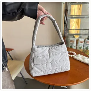 Lightweight grey quilted nylon shoulder bag casual underarm bag for daily fashion wear style