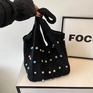 Black crochet knit shoulder tote bag with colorful pearl beads, casual large capacity hobo bag