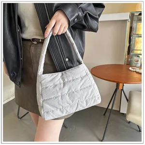Stylish light grey nylon shoulder bag casual quilted underarm handbag for women.