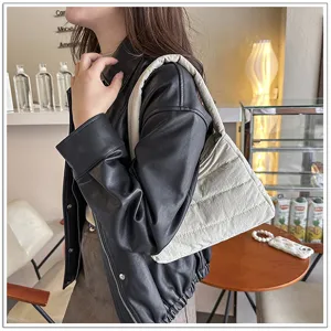 Casual nylon underarm bag for women, lightweight quilted shoulder bag, solid color daily purse.