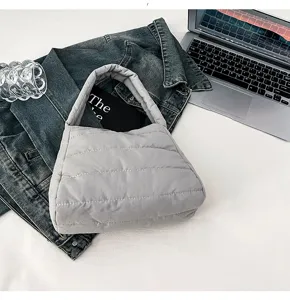 Grey quilted nylon shoulder bag casual underarm bag simple lightweight daily accessory