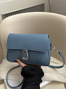 Chic retro blue crossbody small square bag, fashionable French style women shoulder bag.