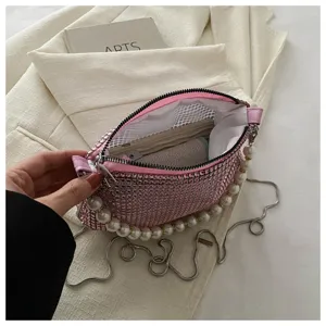 Pink rhinestone evening bag with pearl handle and chain strap for party and daily wear.