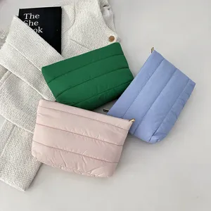 Puffer clutch bag soft quilted makeup pouch stylish solid color daily casual cosmetic bag storage