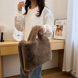 Brown faux fur tote bag for women, fluffy winter shoulder handbag, stylish casual plush purse.