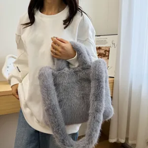 Grey fluffy plush handbag for women, soft furry shoulder tote bag, stylish winter fluffy purse.