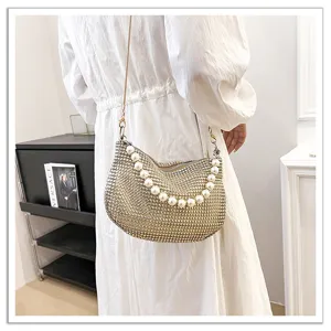 Rhinestone pearl shoulder bag sparkling crystal evening handbag for women party elegant purse